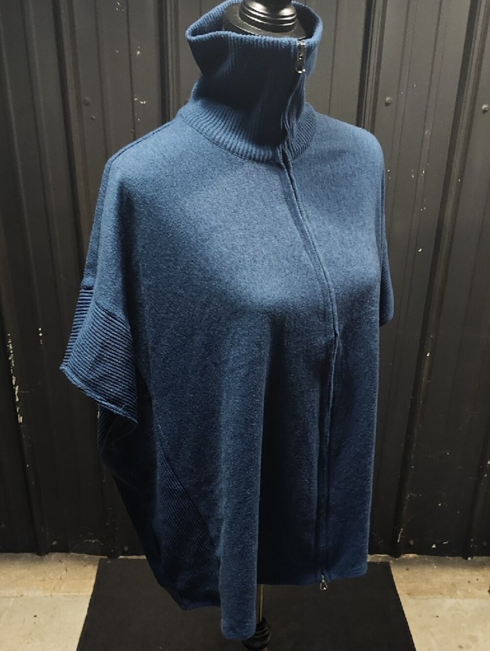 Women's Blue Zip-Front Poncho Sweater - Picture 4 of 6